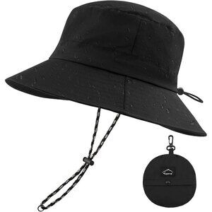 Unisex Black 100% Nylon Waterproof Wide Brim Mesh Vent Chin Strap Bucket Hat